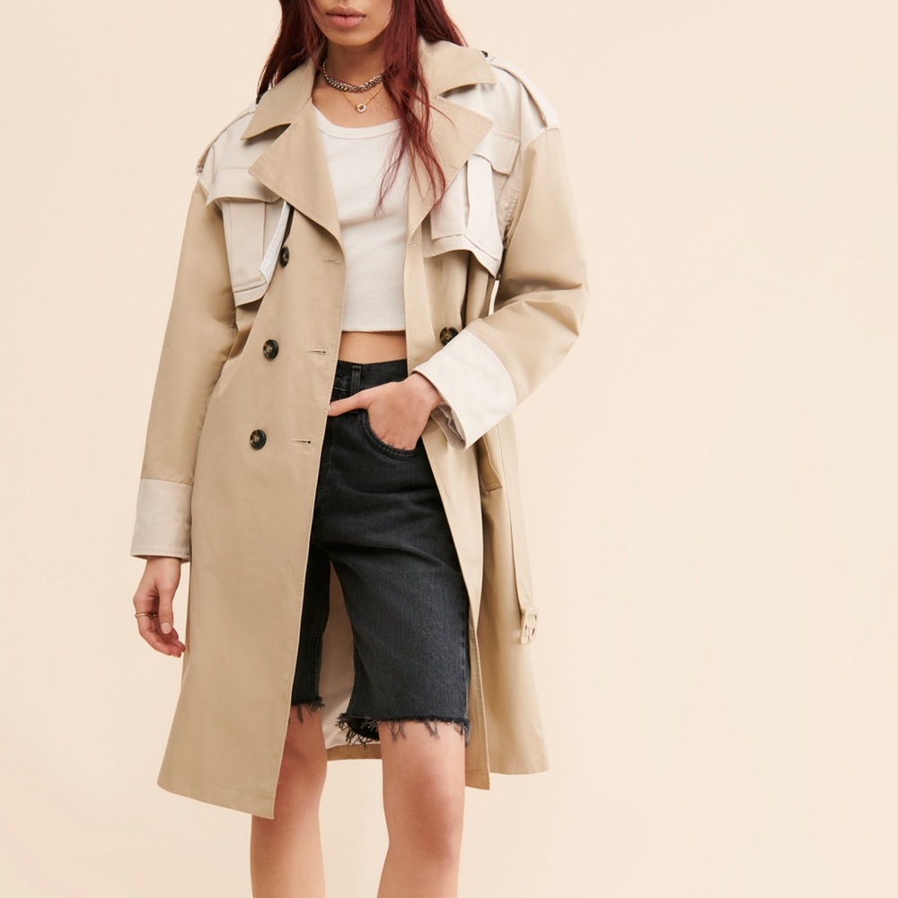 Noize Frederique Beige and White Colorblock Tie Waist Trench Coat Size XS